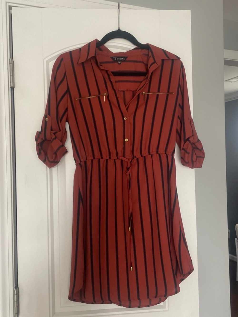 Blush Rust & Black Striped Utility Shirt Dress Size M Tie Waist Boutique Style
